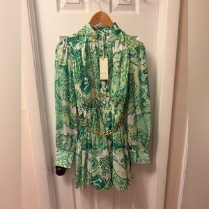 The Clothing Company Green and White Paisley Dress w/ Gold Chain Belt detail